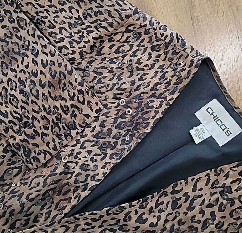Chico's Size M Open Front Silk Jacket Animal Print Sequin Maximalist Mob Wife